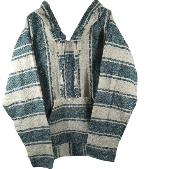 NWOT Varina Handmade Baja Hoodie (from Ecuador) in Teal & Ivory Vertical Stripe - Picture 2 of 7